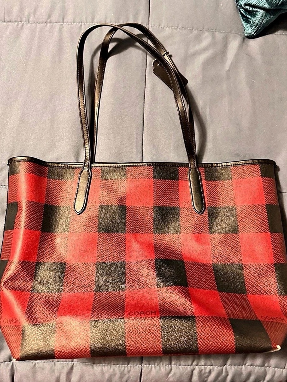 Coach City Tote With Buffalo Plaid Print Red & Black
